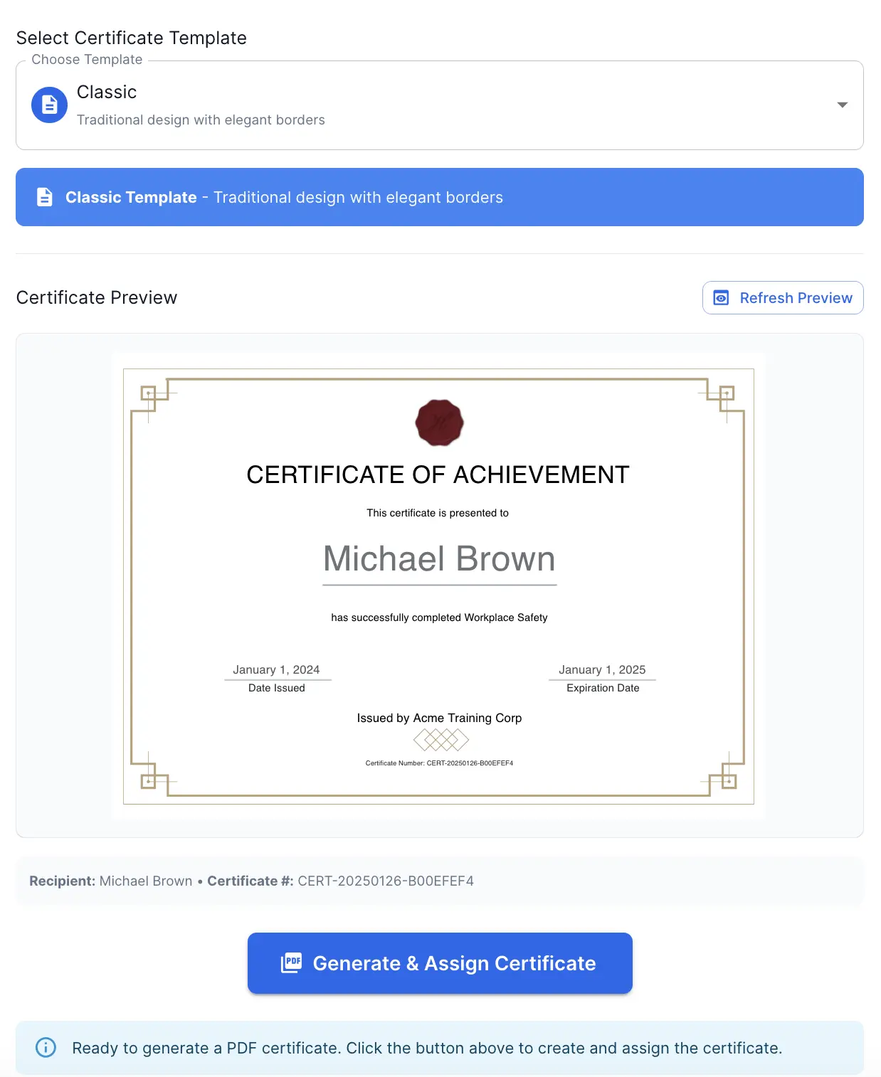 CertLister Classic certificate design template — formal gold border style