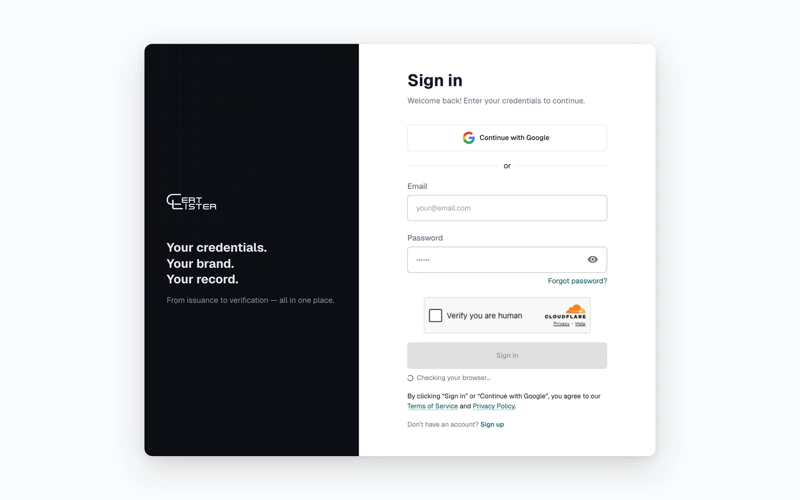 CertLister sign-in page