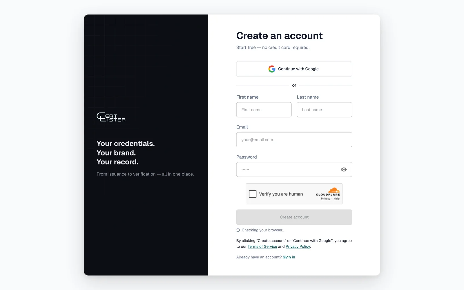 CertLister sign-up page