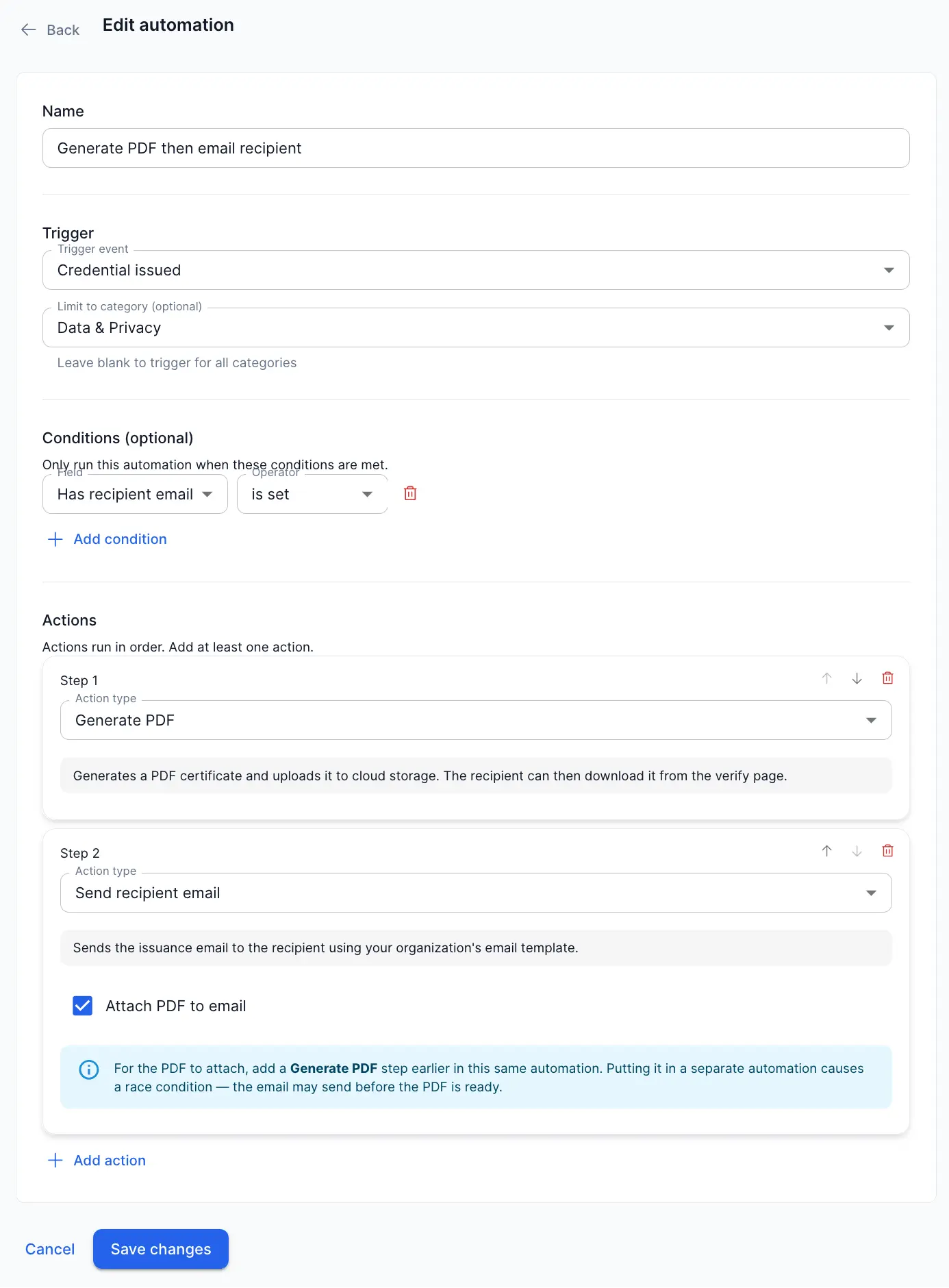 CertLister automation editor showing a trigger and action sequence configured for credential issuance