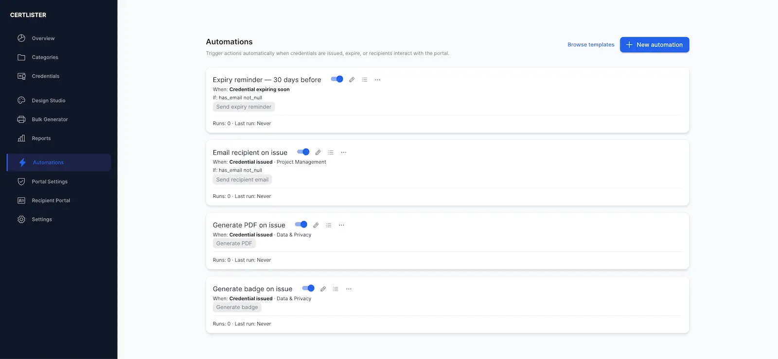CertLister automations list showing multiple configured workflow automations with status and last run time
