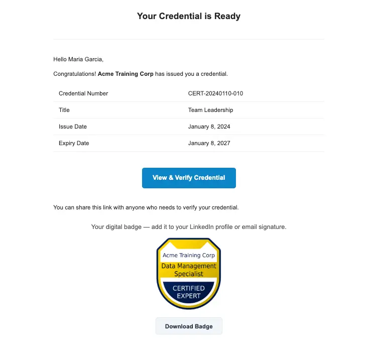 Recipient issue email showing the inline badge image and Download Badge button