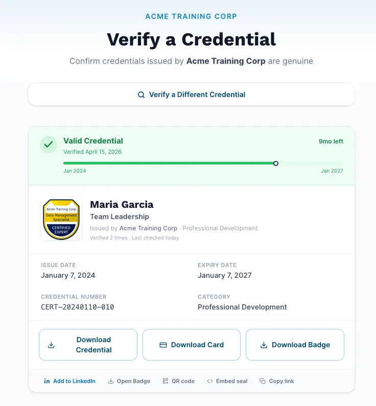 Public verify page showing a badge PNG displayed in the credential result card