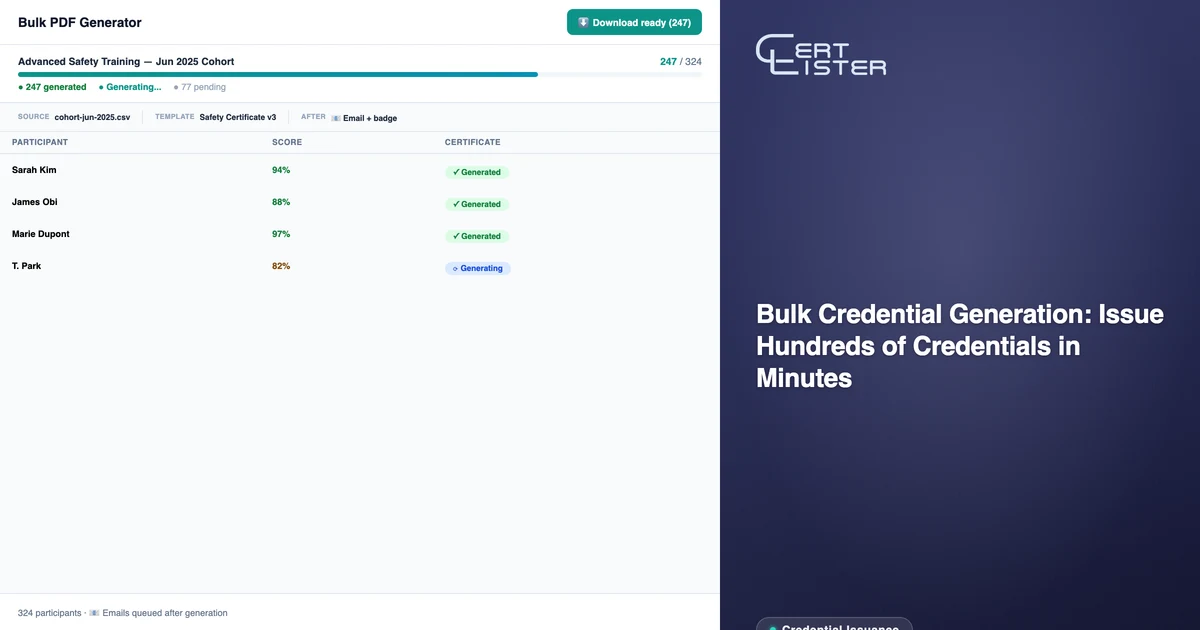 CertLister bulk PDF generation overview showing credential selection and generation progress