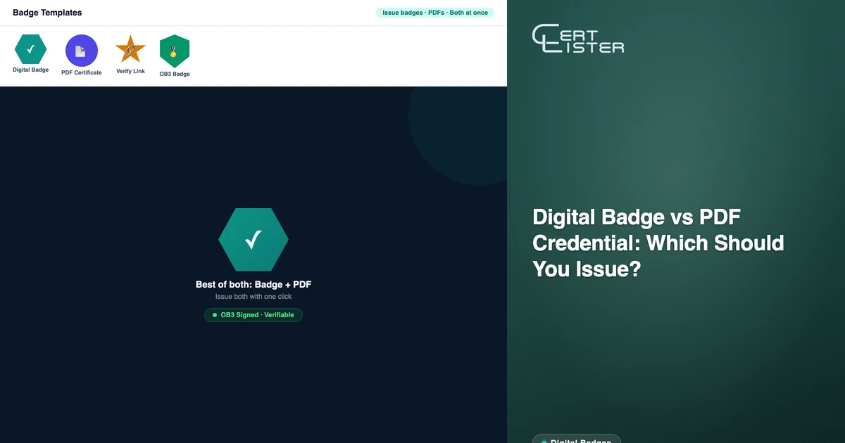 CertLister digital badge template gallery showing badge designs across multiple shapes and industries
