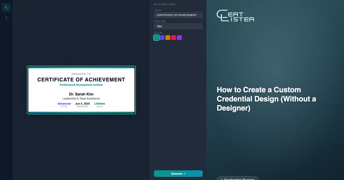 CertLister Design Studio drag-and-drop canvas with a custom credential template under construction