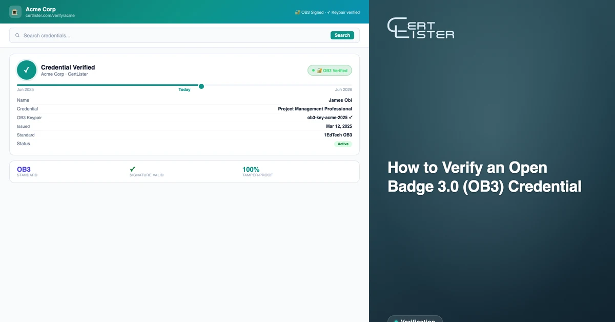 CertLister OB3 validator showing a valid credential result with issuer details and all six checks passed