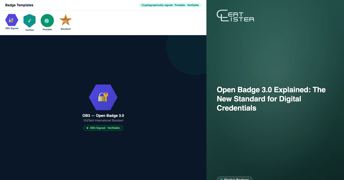 CertLister OB3 settings panel showing Open Badge 3.0 configuration and keypair management