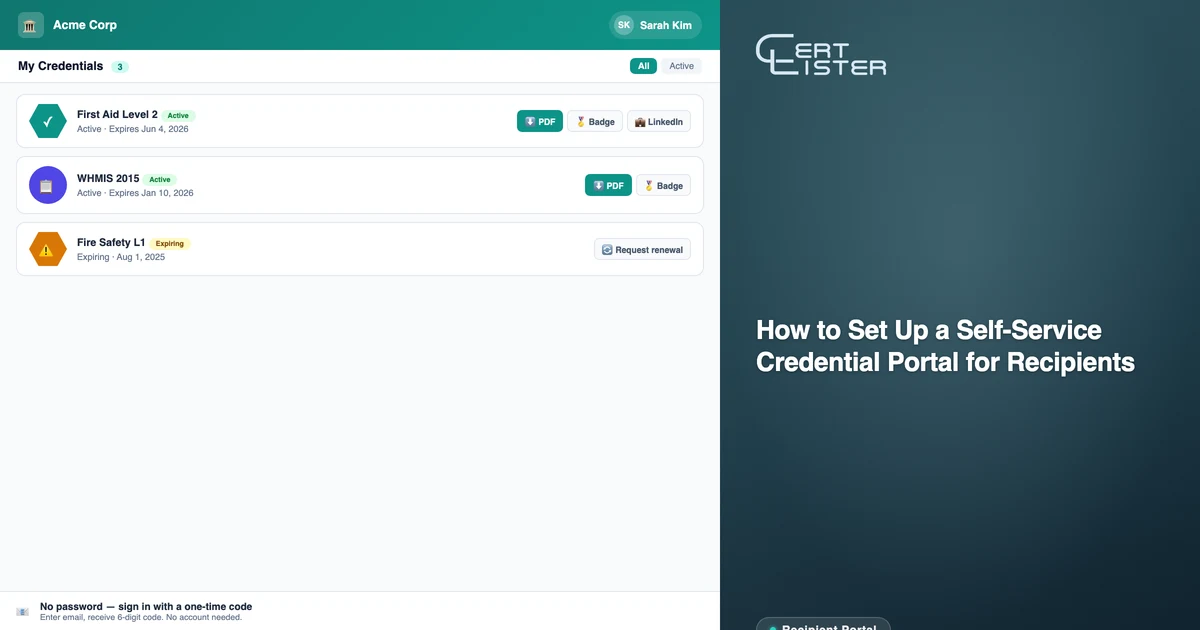 CertLister recipient portal showing a logged-in view of earned credentials with download and share options
