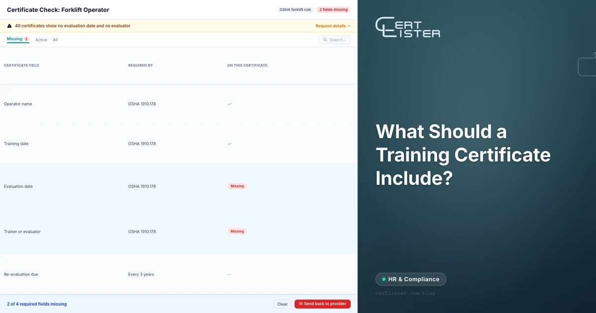 Certificate check for a forklift operator comparing the fields OSHA requires against what the certificate shows, with the evaluation date and the evaluator missing