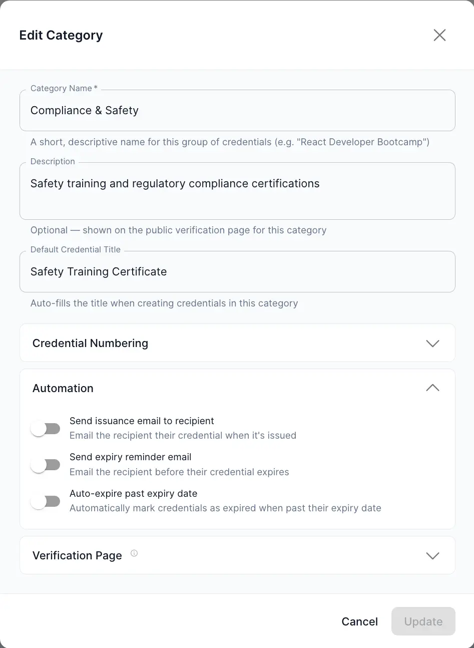 CertLister category automation settings showing per-category automation configuration