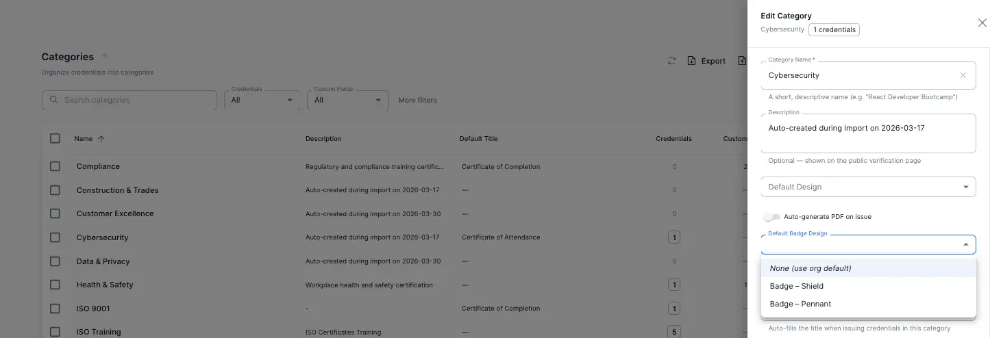 Category drawer showing the Badge Design picker and Auto-generate badge on issue toggle