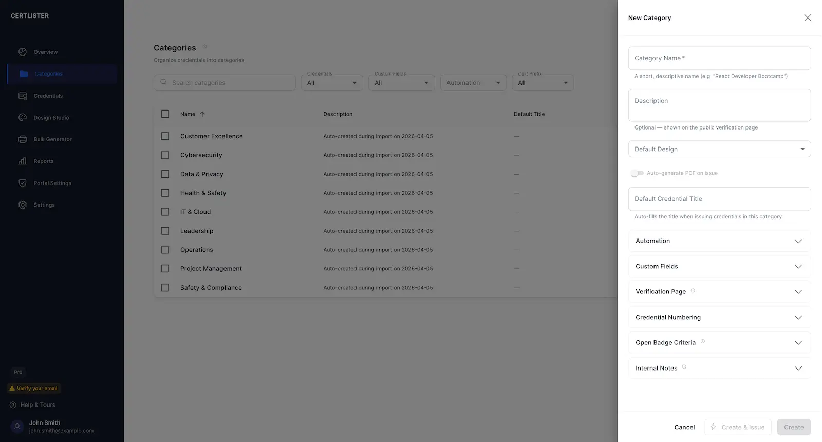 Category drawer in CertLister