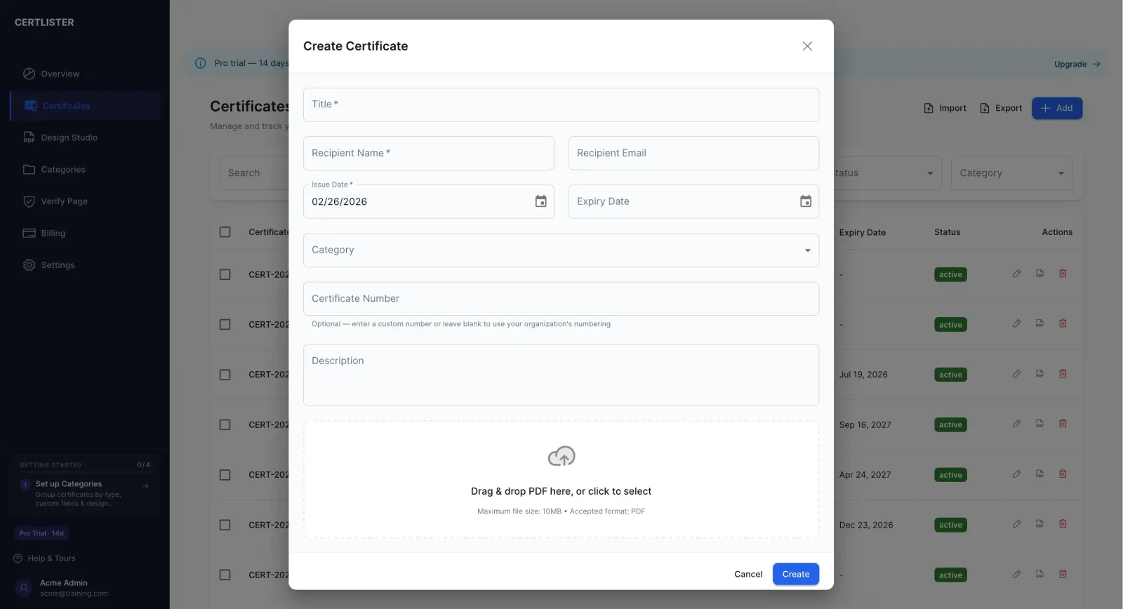 Adding a new certificate in CertLister