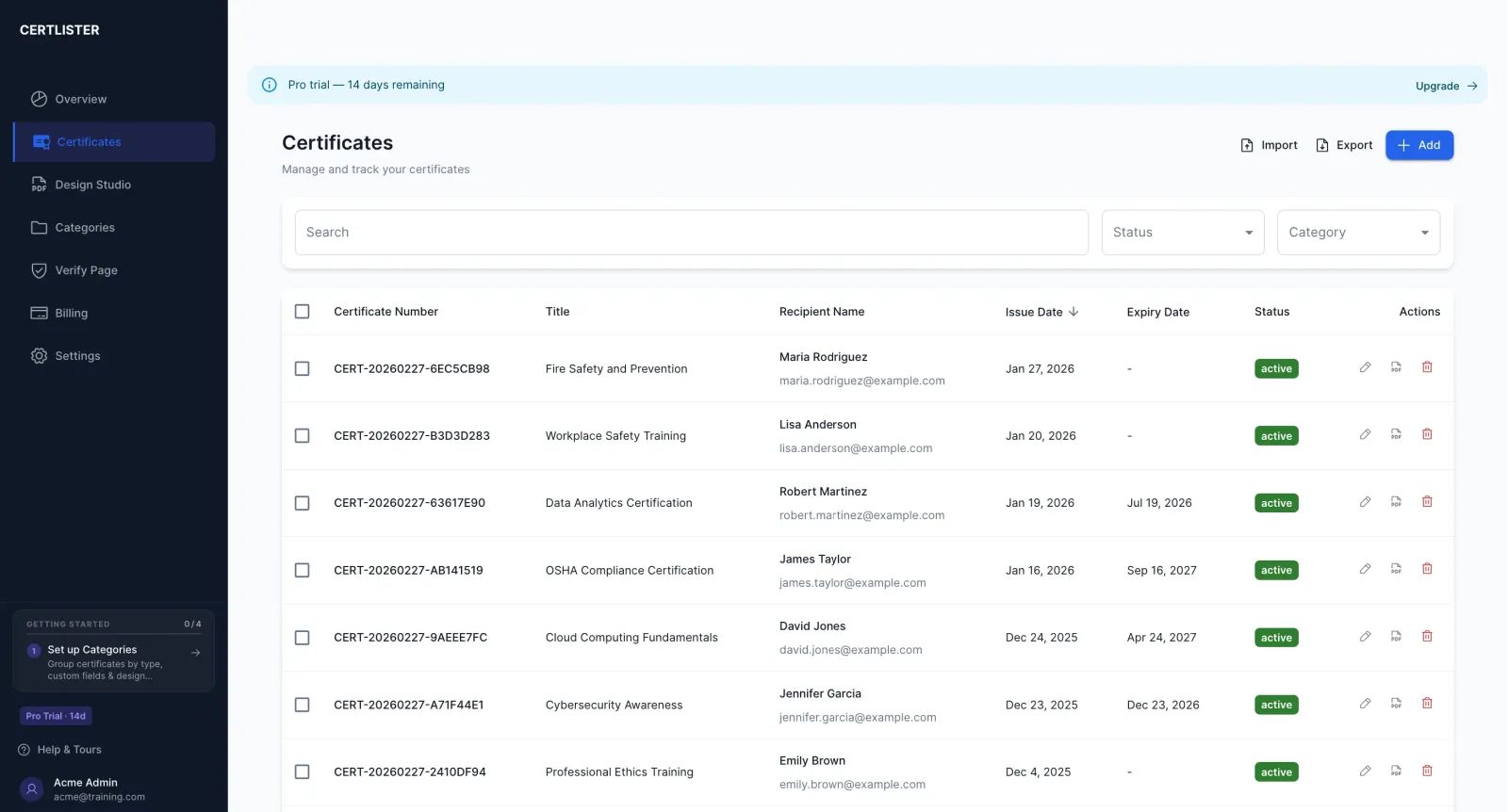 Employee certificate tracking — CertLister training records management with search and status filters