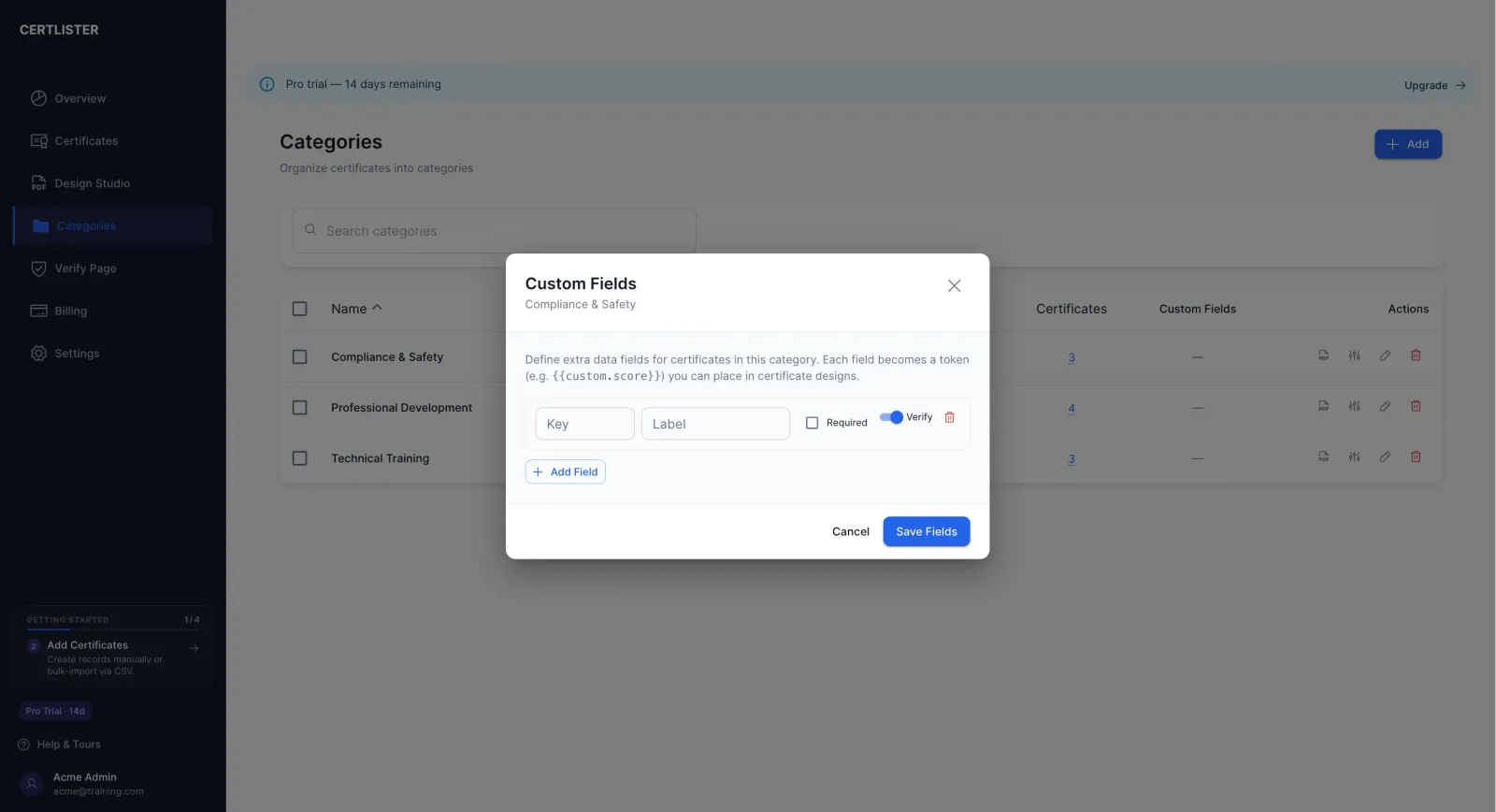 CertLister custom attribute fields for capturing training-specific compliance data
