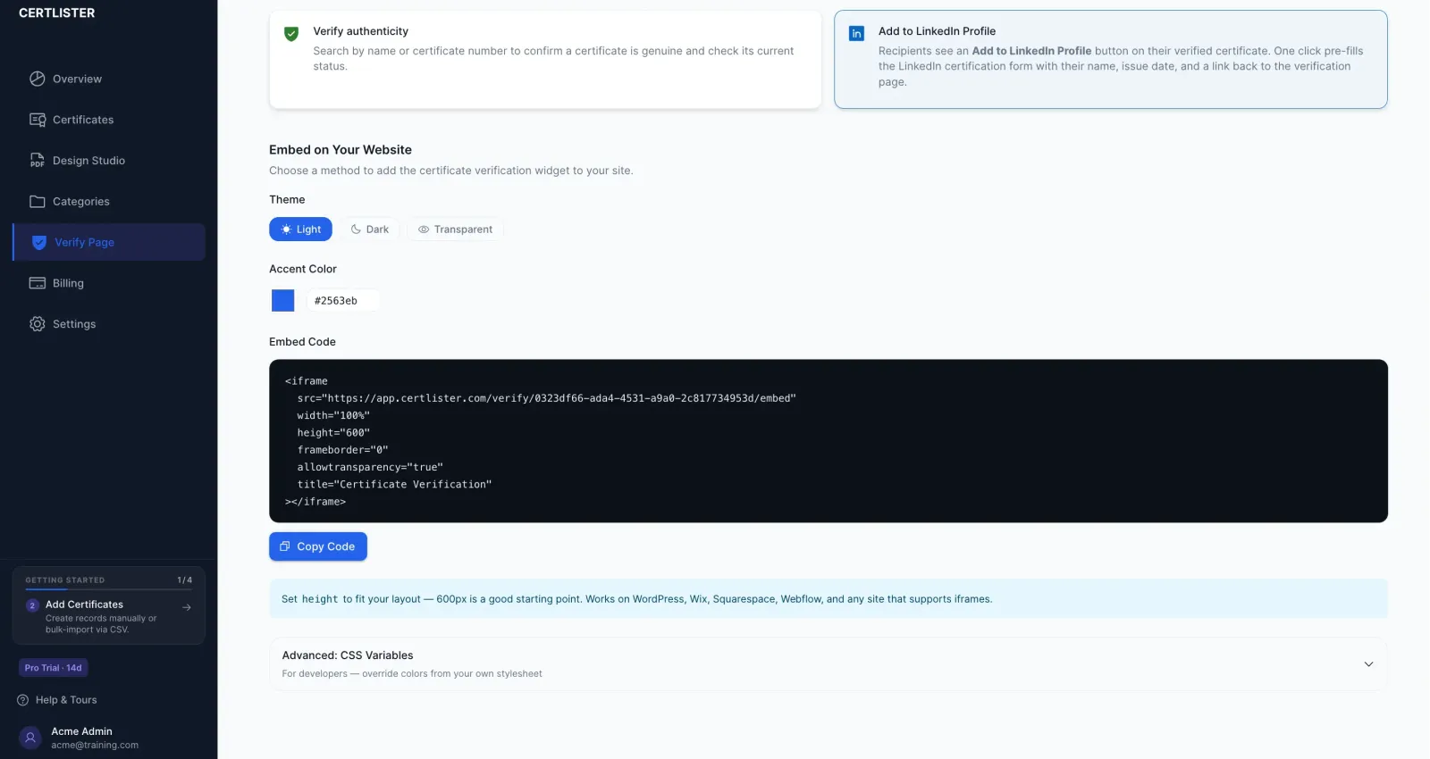 Embeddable certificate verification widget code