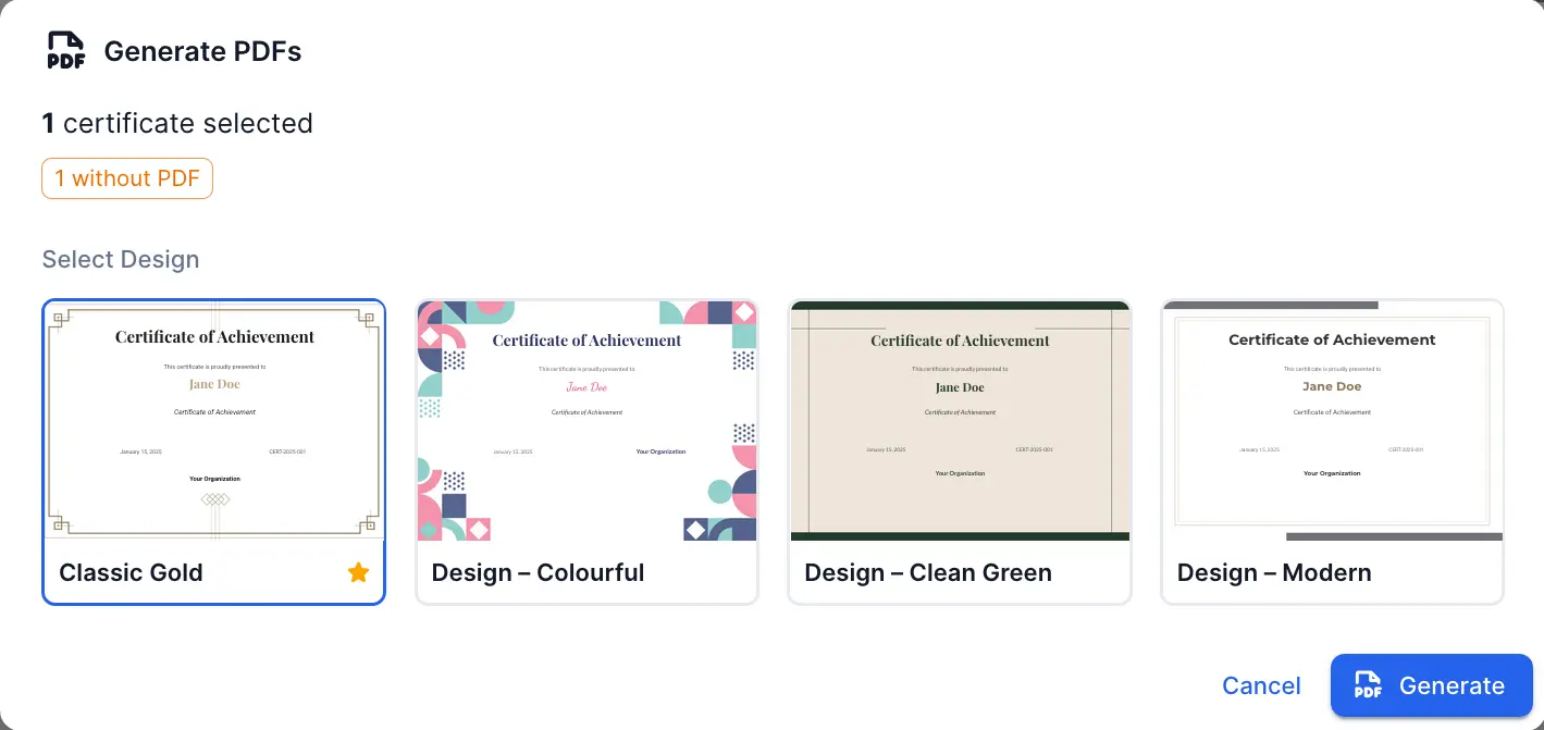 Certificate creation and generation interface