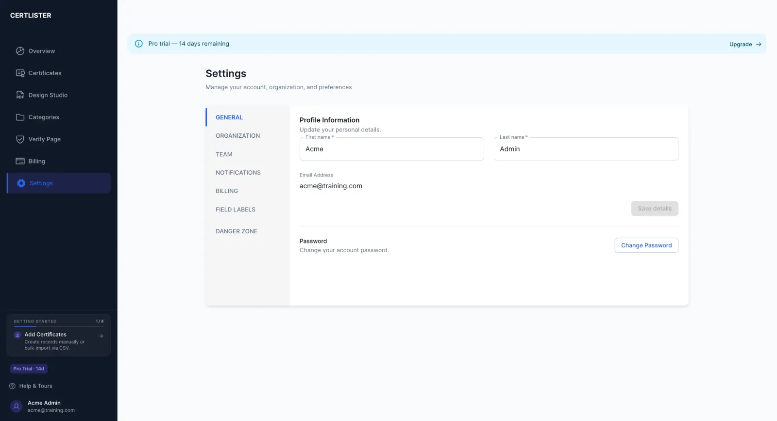 CertLister account settings and plan overview