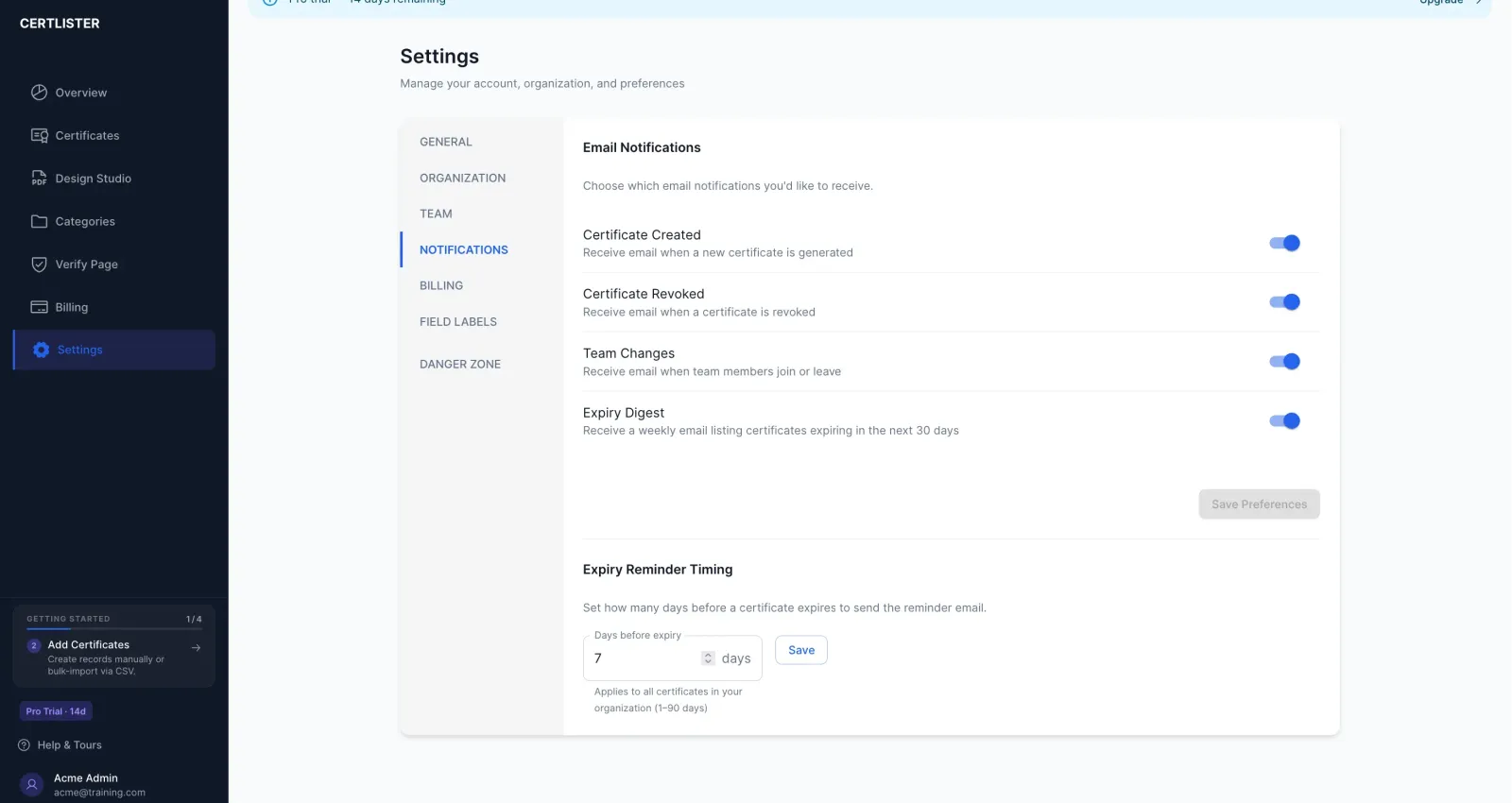 CertLister email automation and notification settings