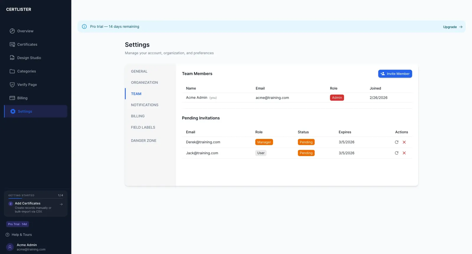 Team members settings page in CertLister