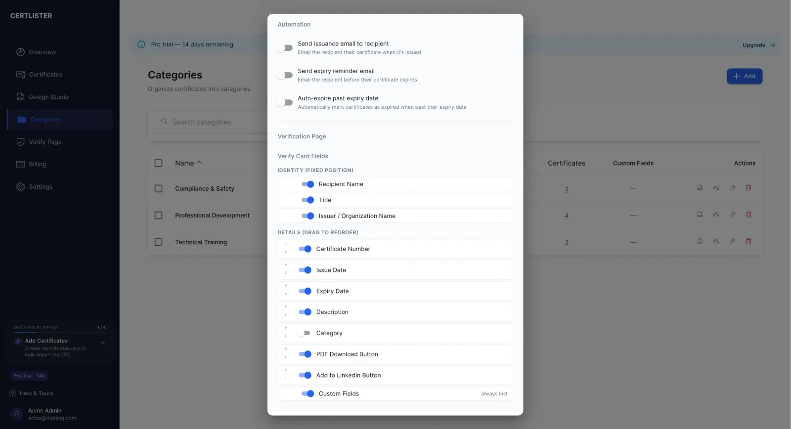 CertLister verify page customization settings