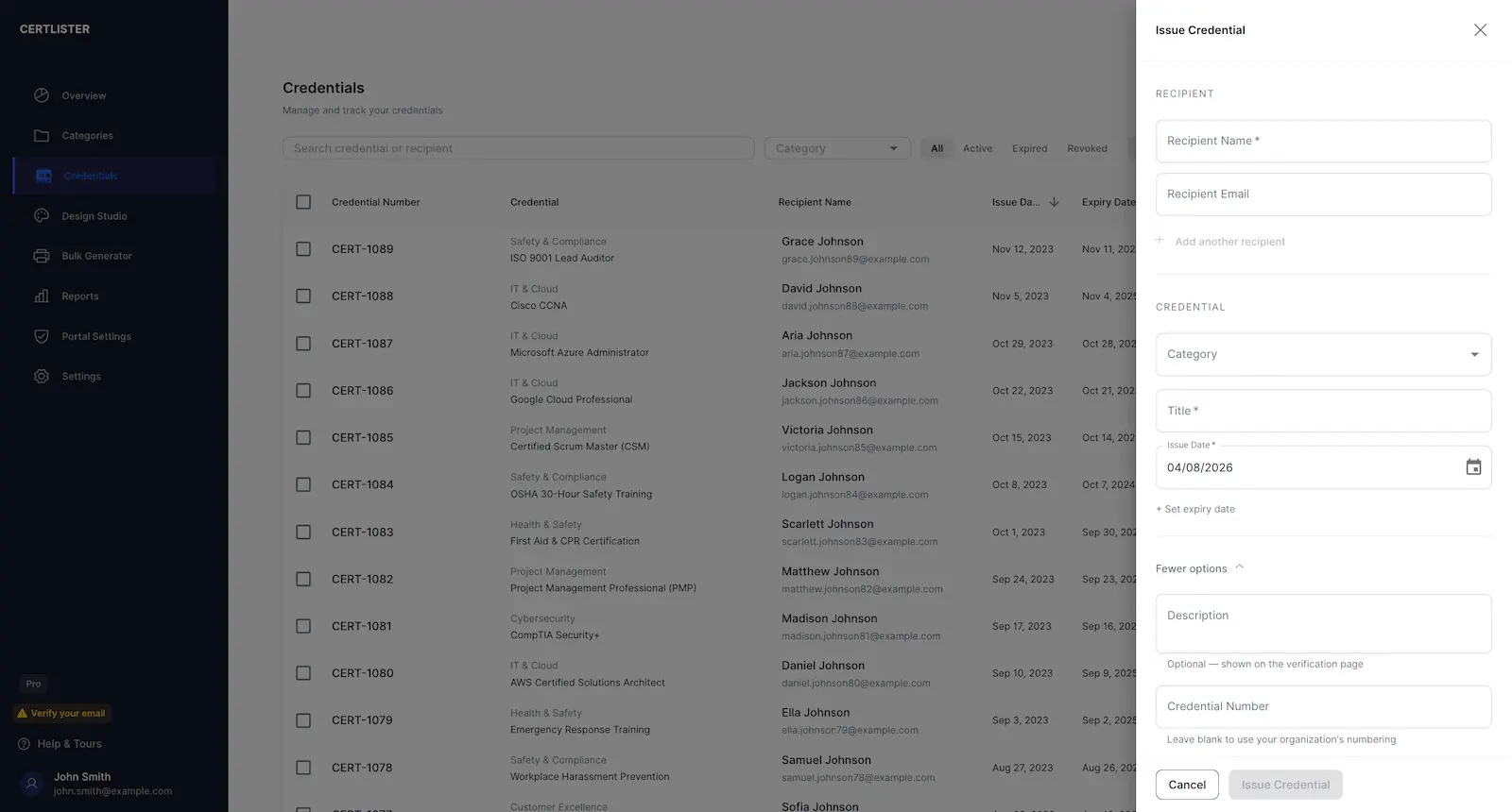 Issue Credential drawer in CertLister