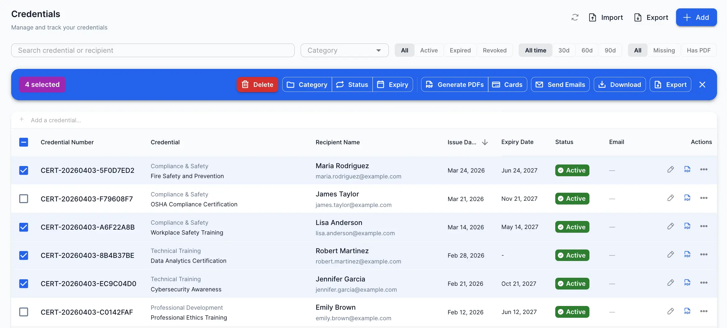 CertLister credential expiry tracking — bulk actions and status management