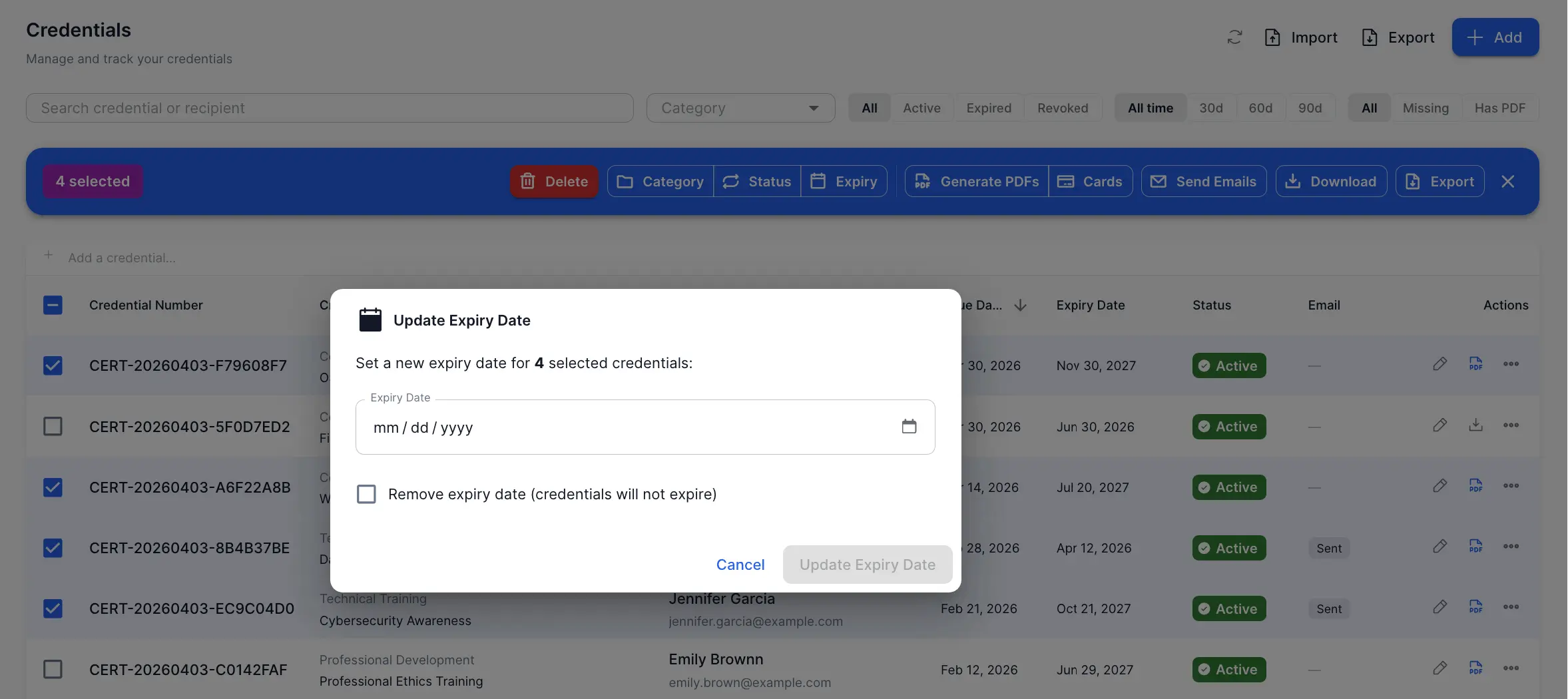 CertLister bulk expiry update interface for managing employee certification dates