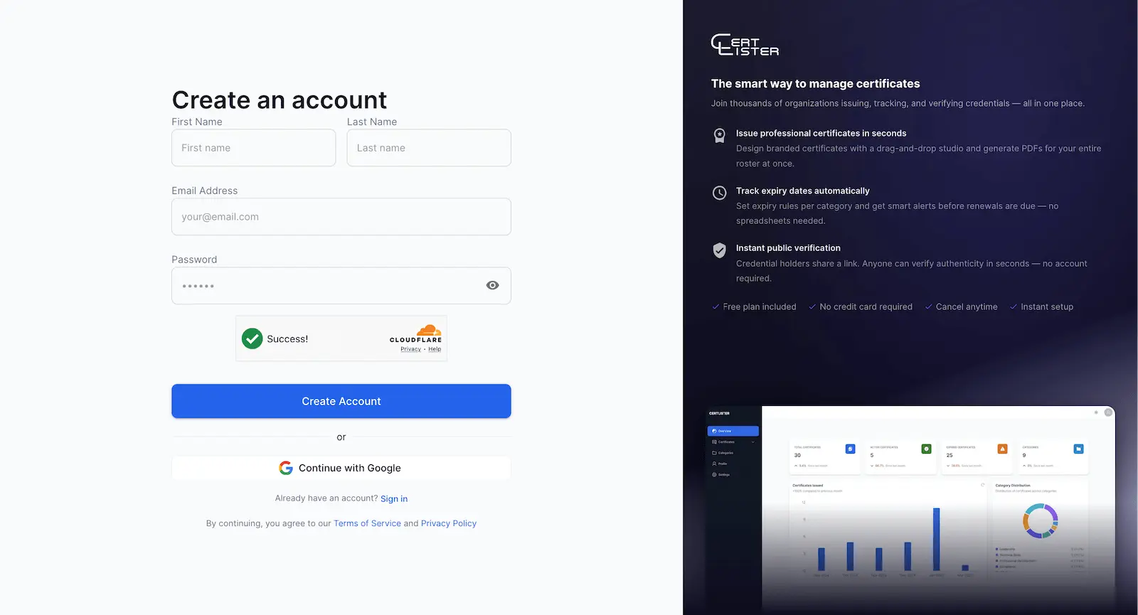 CertLister sign-up page