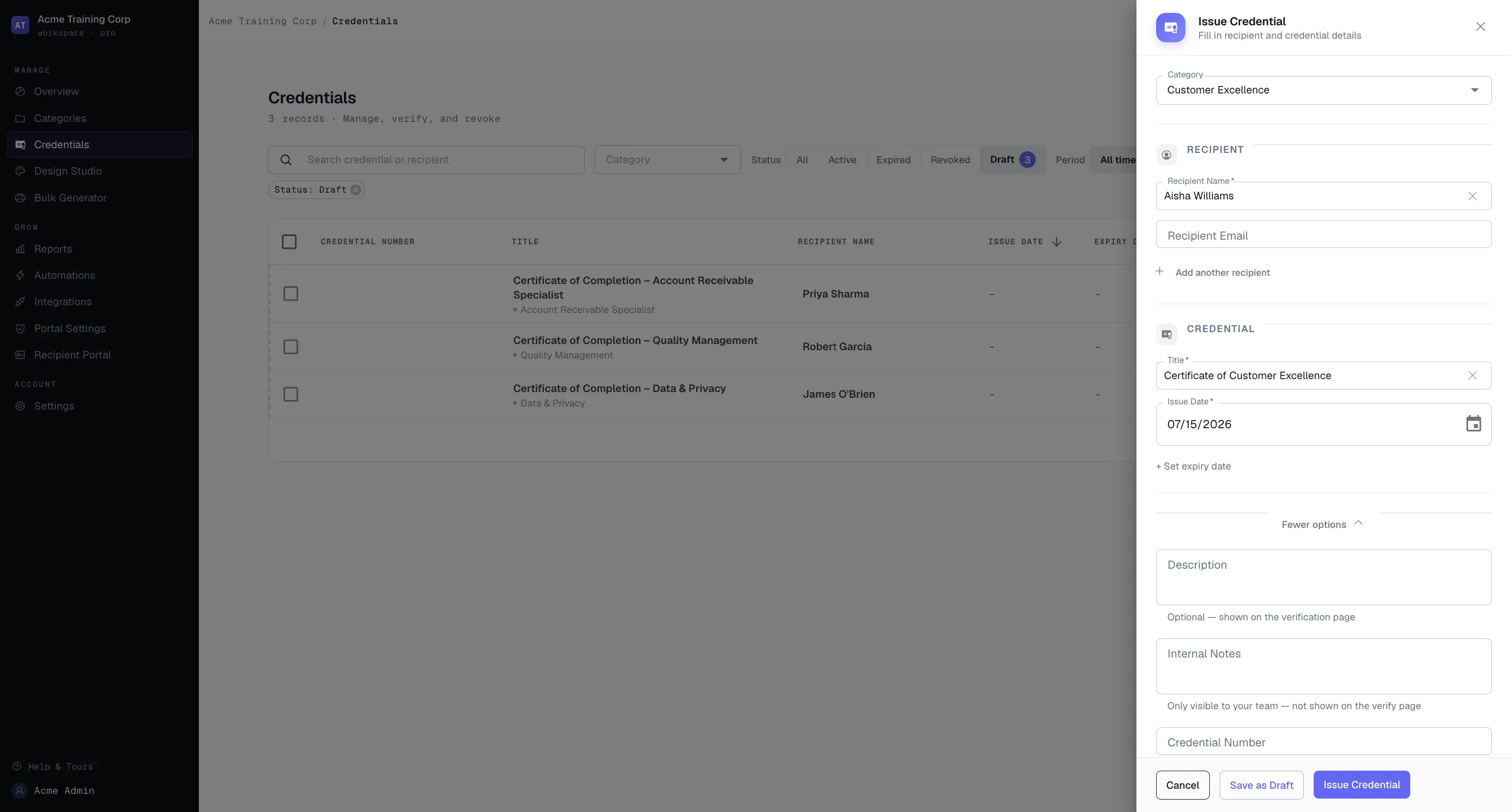 Credentials table filtered to Draft status in CertLister