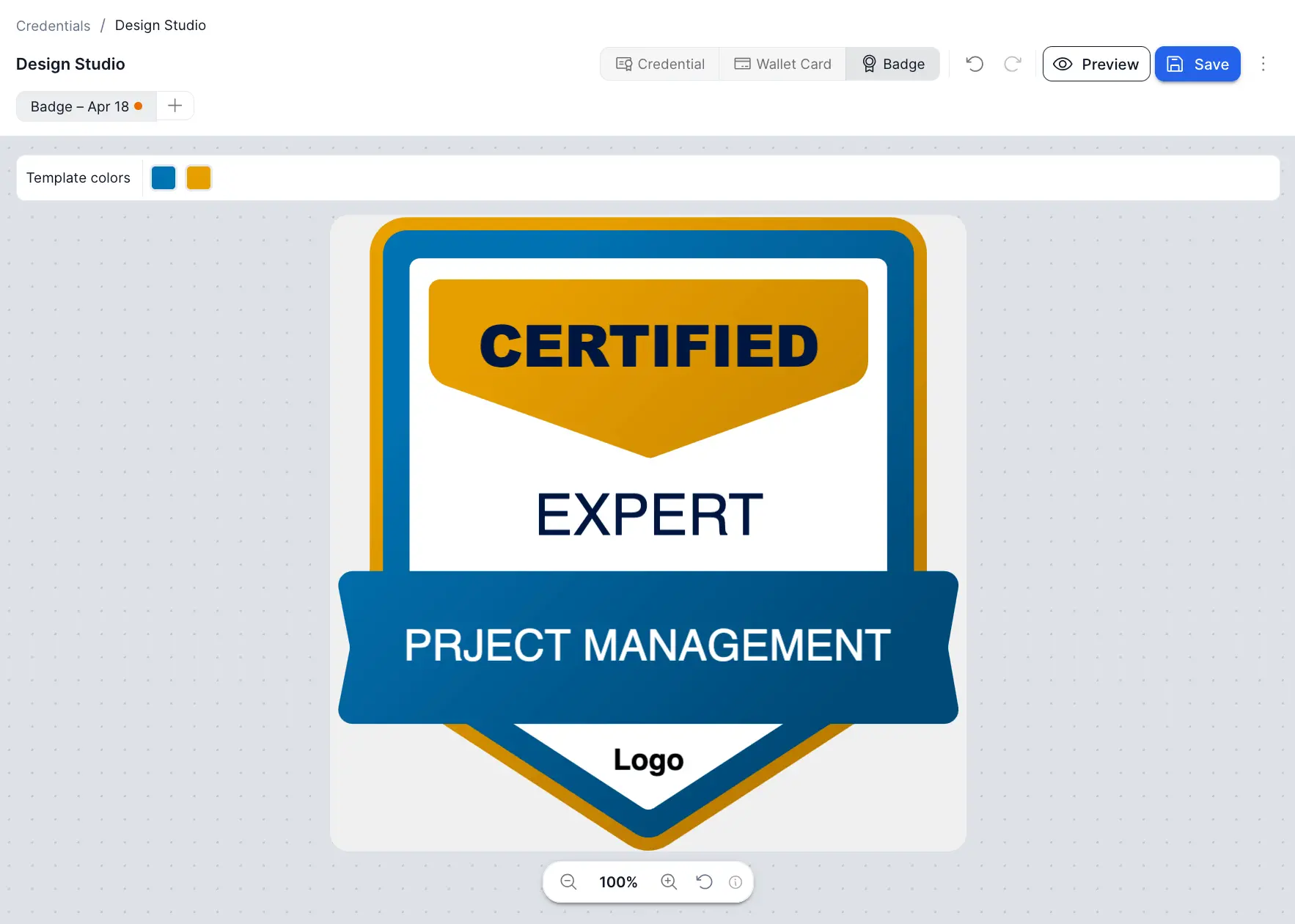 CertLister Design Studio with a badge canvas open — badge template loaded and ready to customize