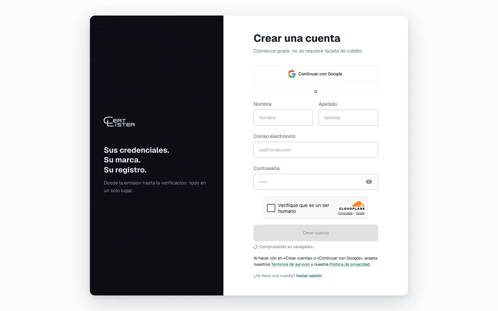 Página de registro de CertLister