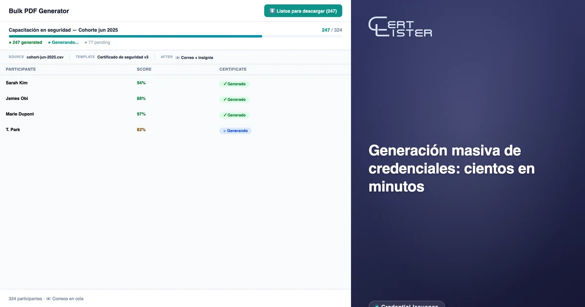 Vista general de la generación masiva de PDF en CertLister mostrando la selección de credenciales y el progreso de generación
