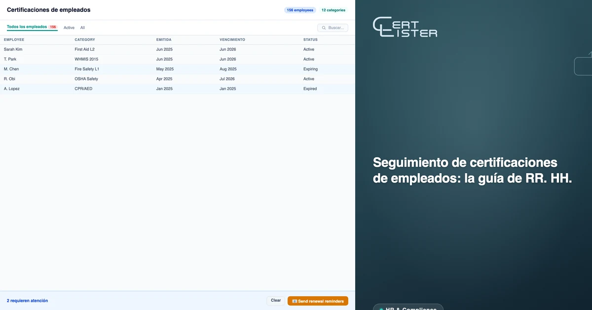 Lista de credenciales de CertLister mostrando certificaciones de empleados con etiquetas de estado Activa, Por vencer y Vencida
