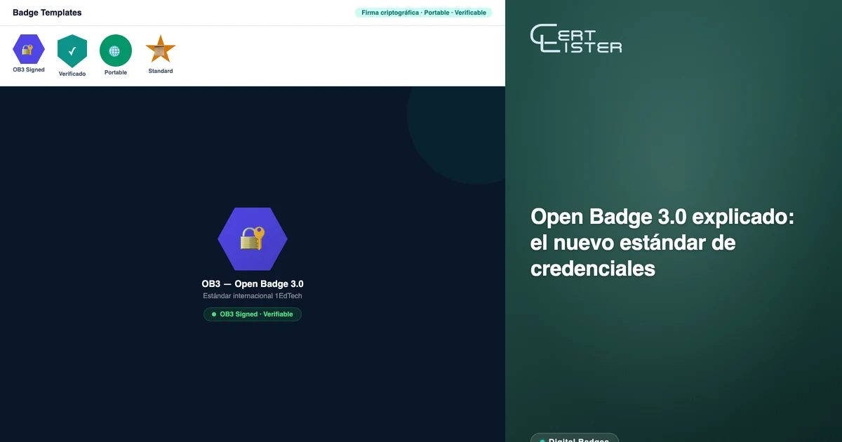 Panel de configuración OB3 de CertLister mostrando la configuración de Open Badge 3.0 y la gestión del par de claves
