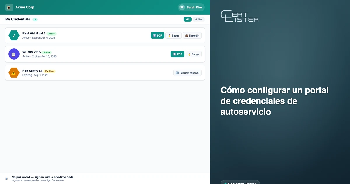 Portal de destinatarios de CertLister mostrando una vista con sesión iniciada de credenciales obtenidas con opciones de descarga y compartir