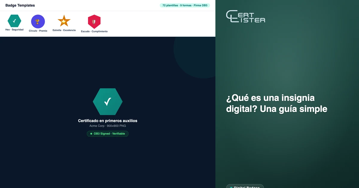 Galería de plantillas de insignias digitales de CertLister mostrando una gama de diseños de insignias en distintas industrias y estilos