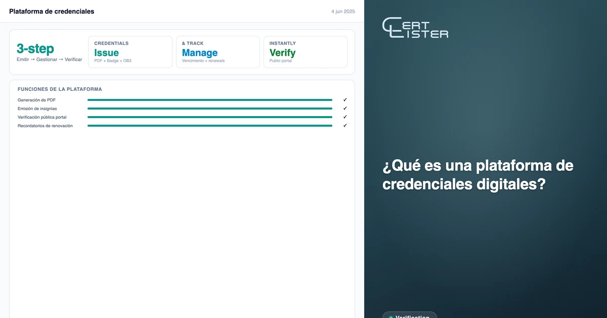 Plataforma de credenciales digitales CertLister — vista de administrador del portal de verificación de credenciales
