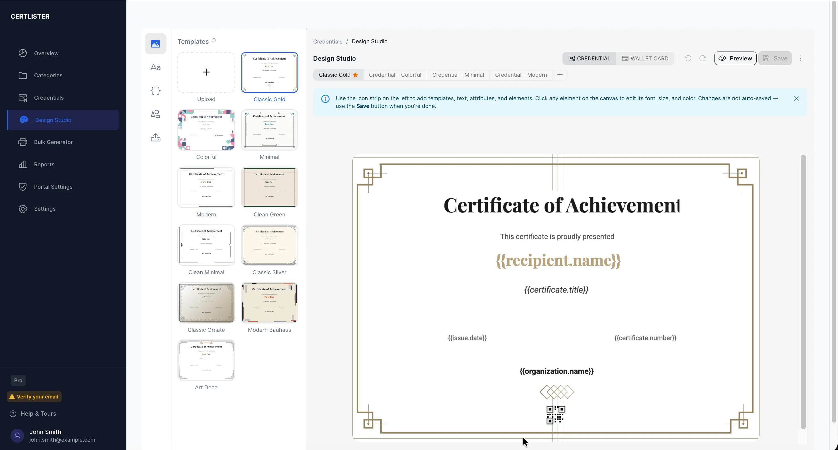Editor de credenciales de arrastrar y soltar del Estudio de diseño de CertLister