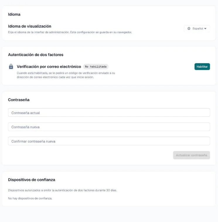 Pestaña Perfil con Autenticación de dos factores, Contraseña y Dispositivos de confianza