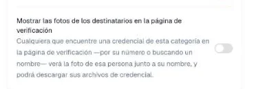 Interruptor Mostrar las fotos de los destinatarios en la página de verificación en la sección Página de verificación de la categoría