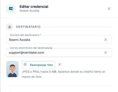 Panel Editar credencial con la miniatura de la foto, Reemplazar foto y el control para quitarla