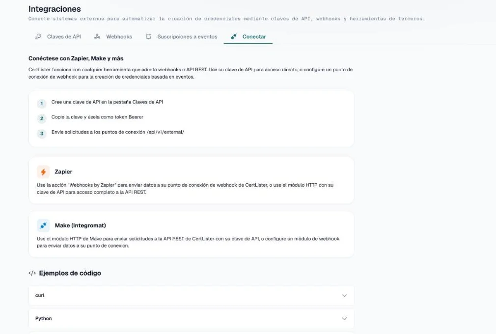 Pestaña Conectar con los pasos de configuración, notas de Zapier y Make, y ejemplos de código