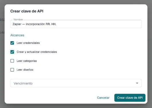 Diálogo Crear clave de API con un nombre, los permisos y la lista de vencimiento