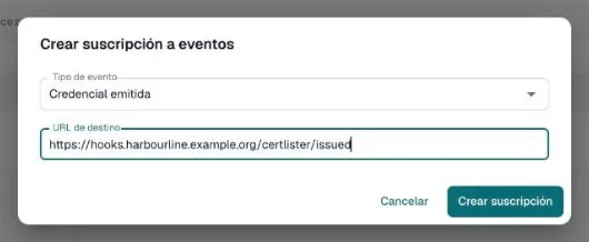Diálogo Crear suscripción a eventos completado con Credencial emitida y una URL de destino