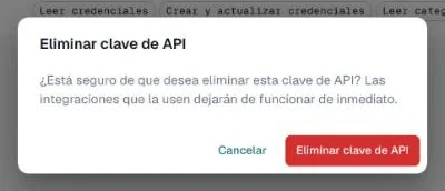Diálogo de confirmación Eliminar clave de API