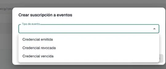 Diálogo Crear suscripción a eventos con la lista de tipos de evento abierta