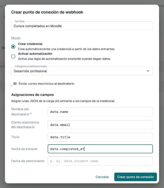 Diálogo para crear un punto de conexión de webhook con el nombre, el modo, la categoría predeterminada y las asignaciones de campos