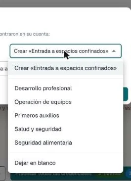Lista desplegable abierta con Crear, las categorías existentes y Dejar en blanco